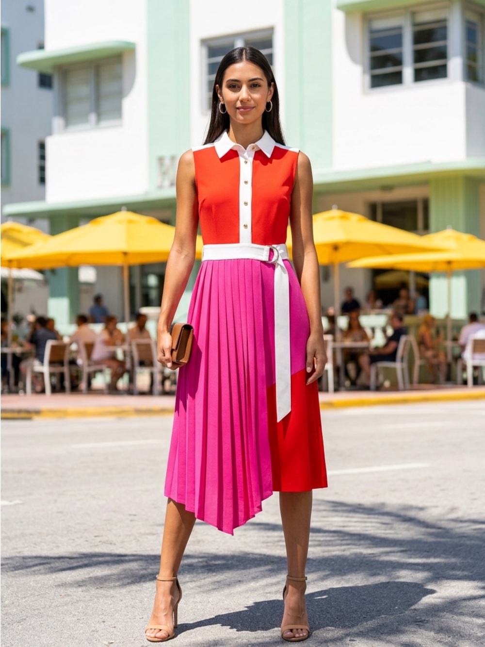Karen Millen Red and Pink Asymmetrical Pleated Shirt Dress